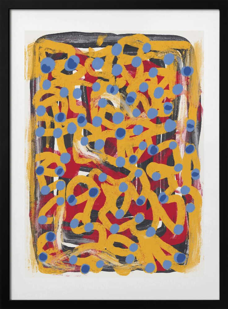 Yellow dotted line and blue polka dot - Art Print by Little Dean