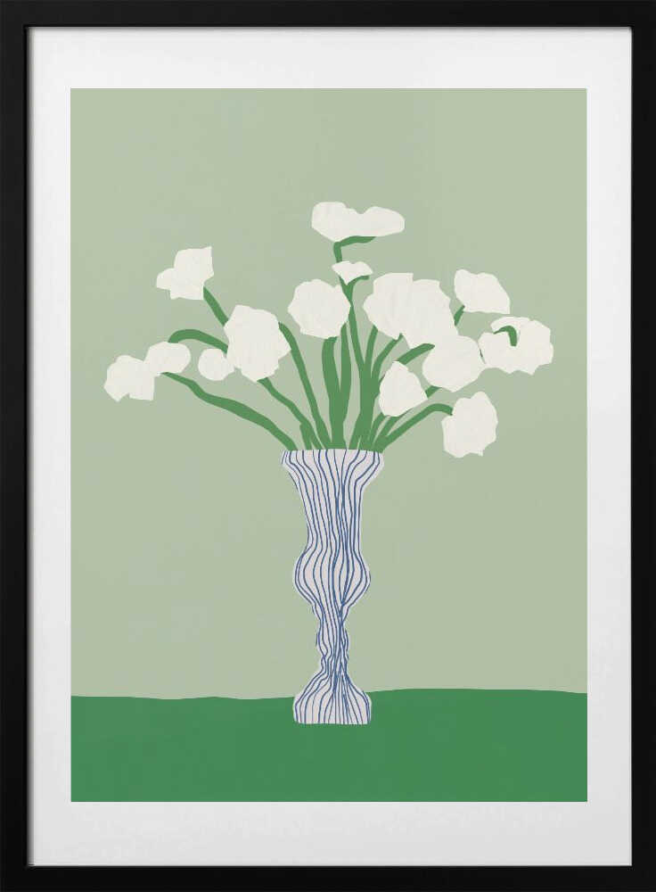 Green background porcelain white flowers - Art Print by Little Dean