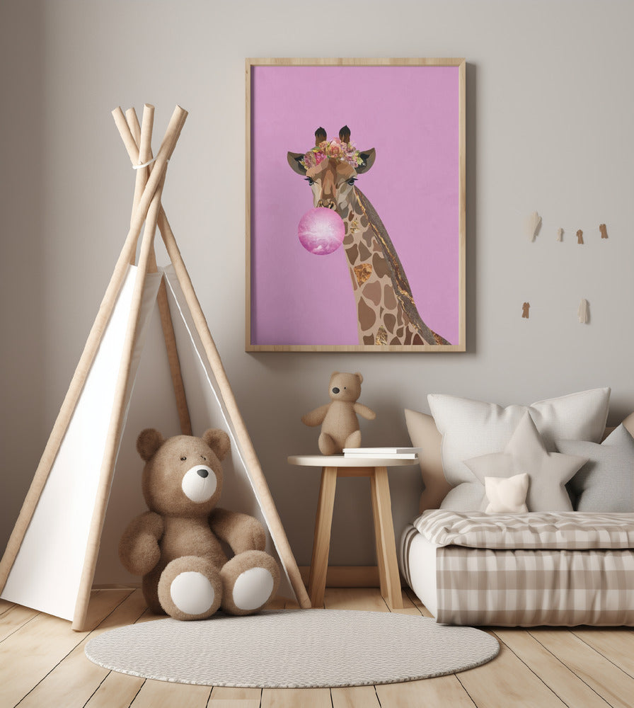 Giraffe pink bubblegum - Art Print by Sarah Manovski