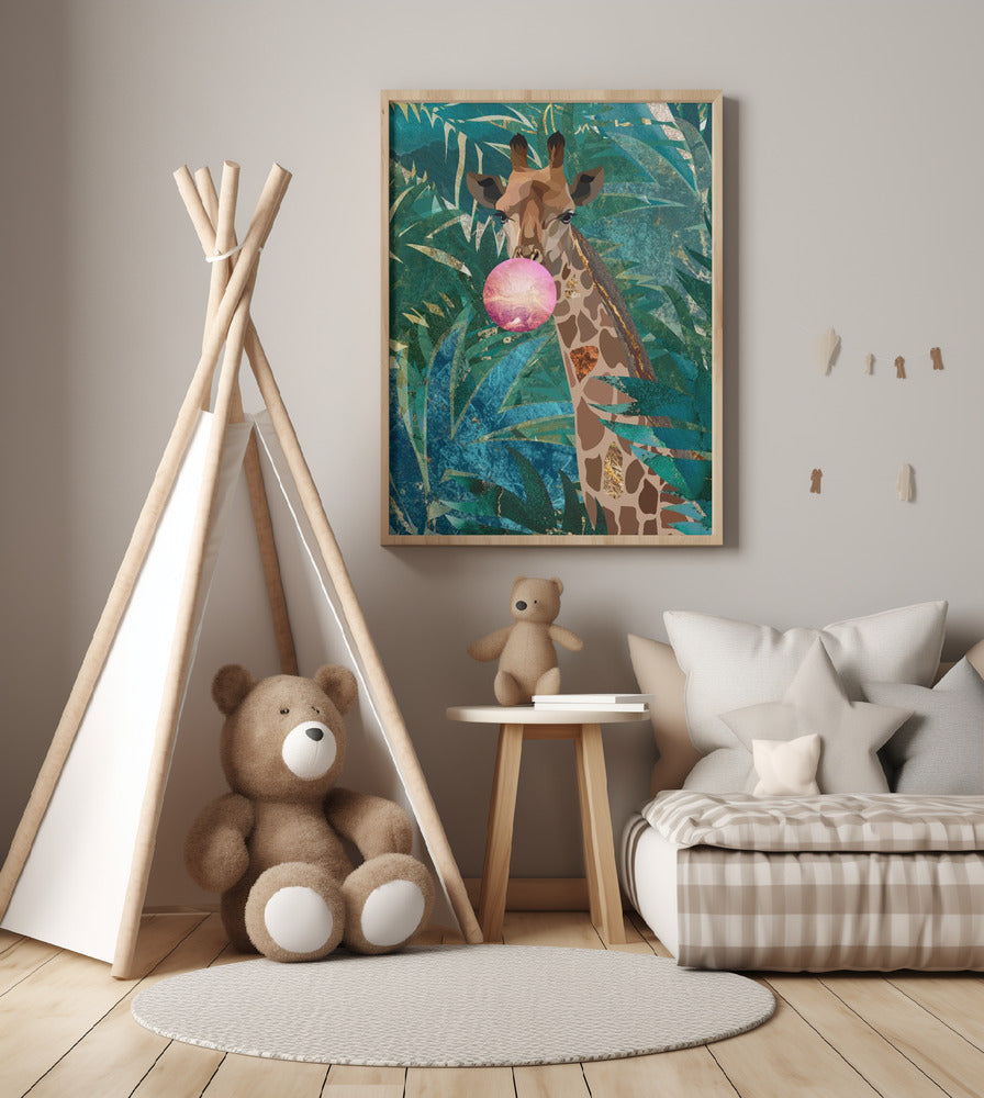 Bubblegum giraffe in the jungle - Art Print by Sarah Manovski