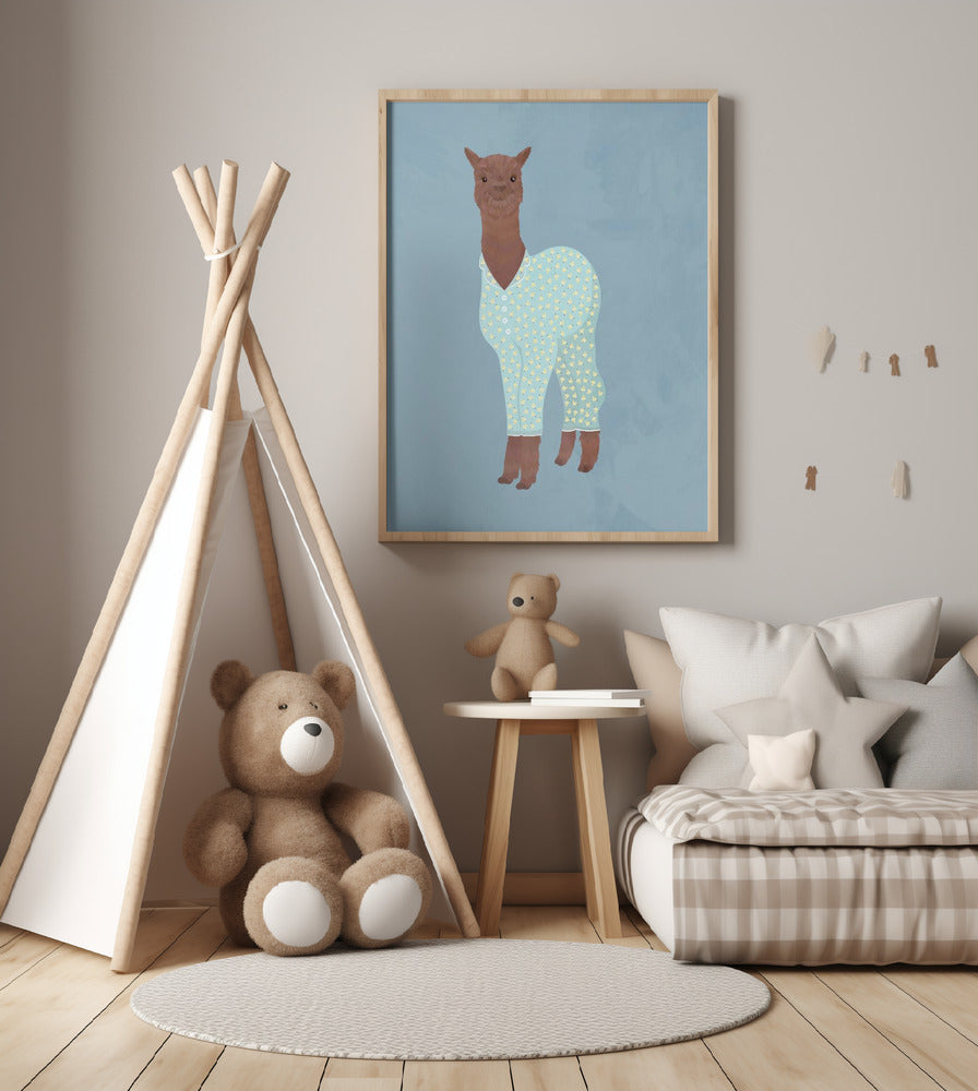 Llama In Pjs Banana blue - Art Print by Sarah Manovski