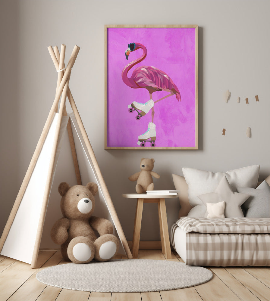Pink Flamingo Roller Skating - Art Print by Sarah Manovski