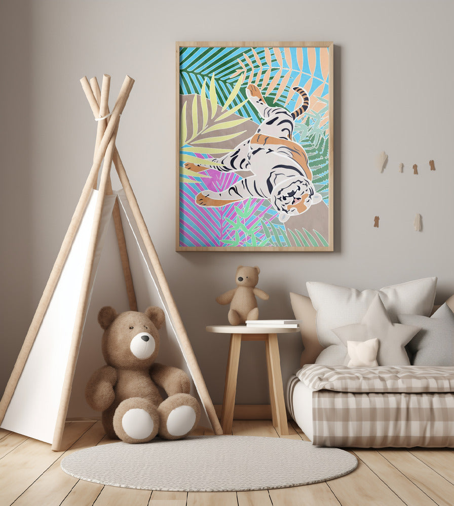 Tiger Sleepling in colourful jungle - Art Print by Sarah Manovski