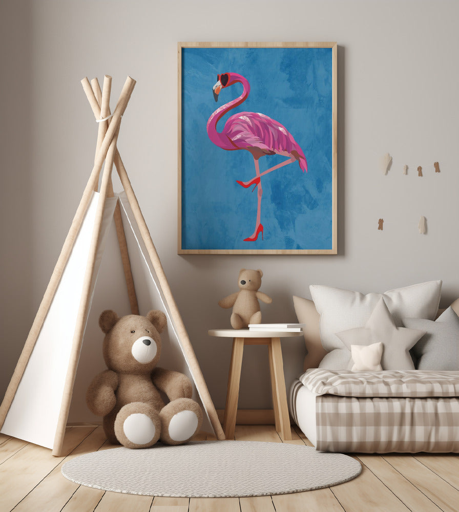 Flamingo in heels and heart glasses blue - Art Print by Sarah Manovski