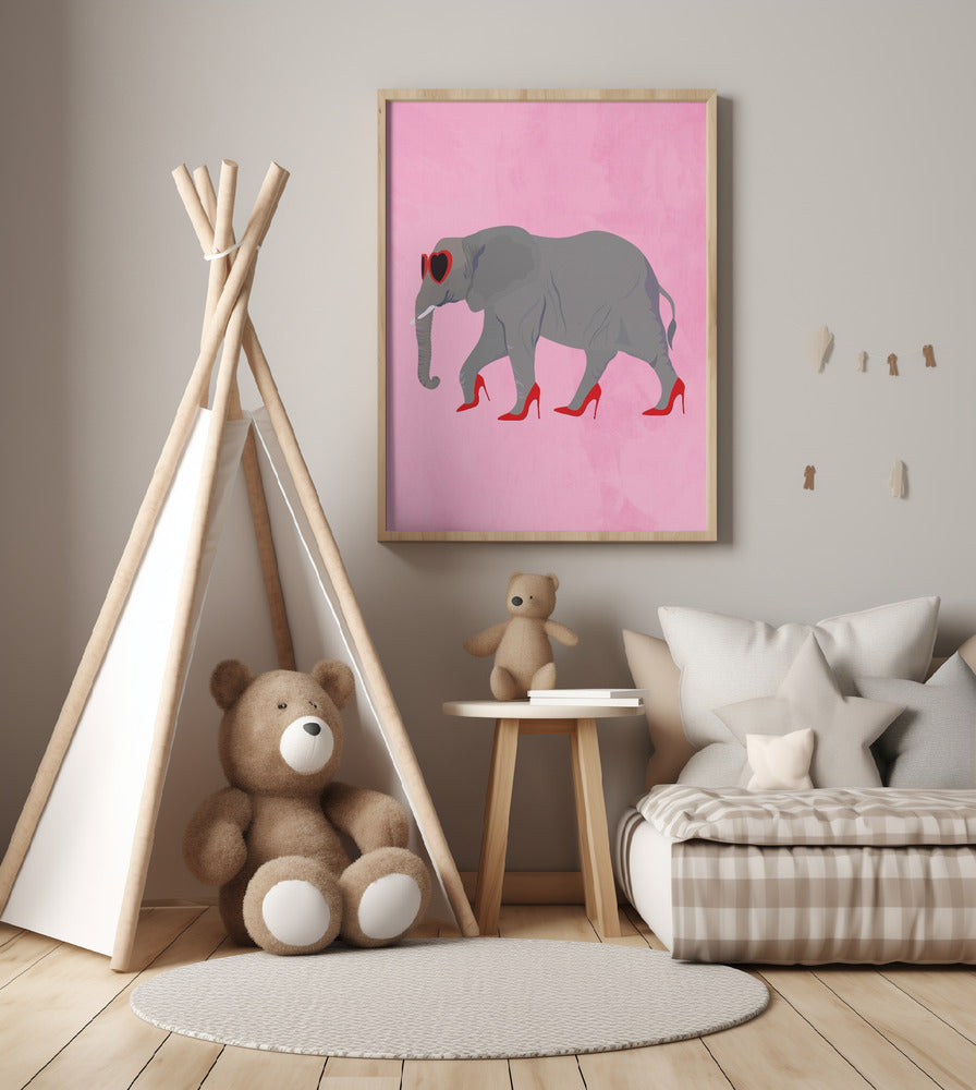 Elephant in heels and heart glasses - Art Print by Sarah Manovski