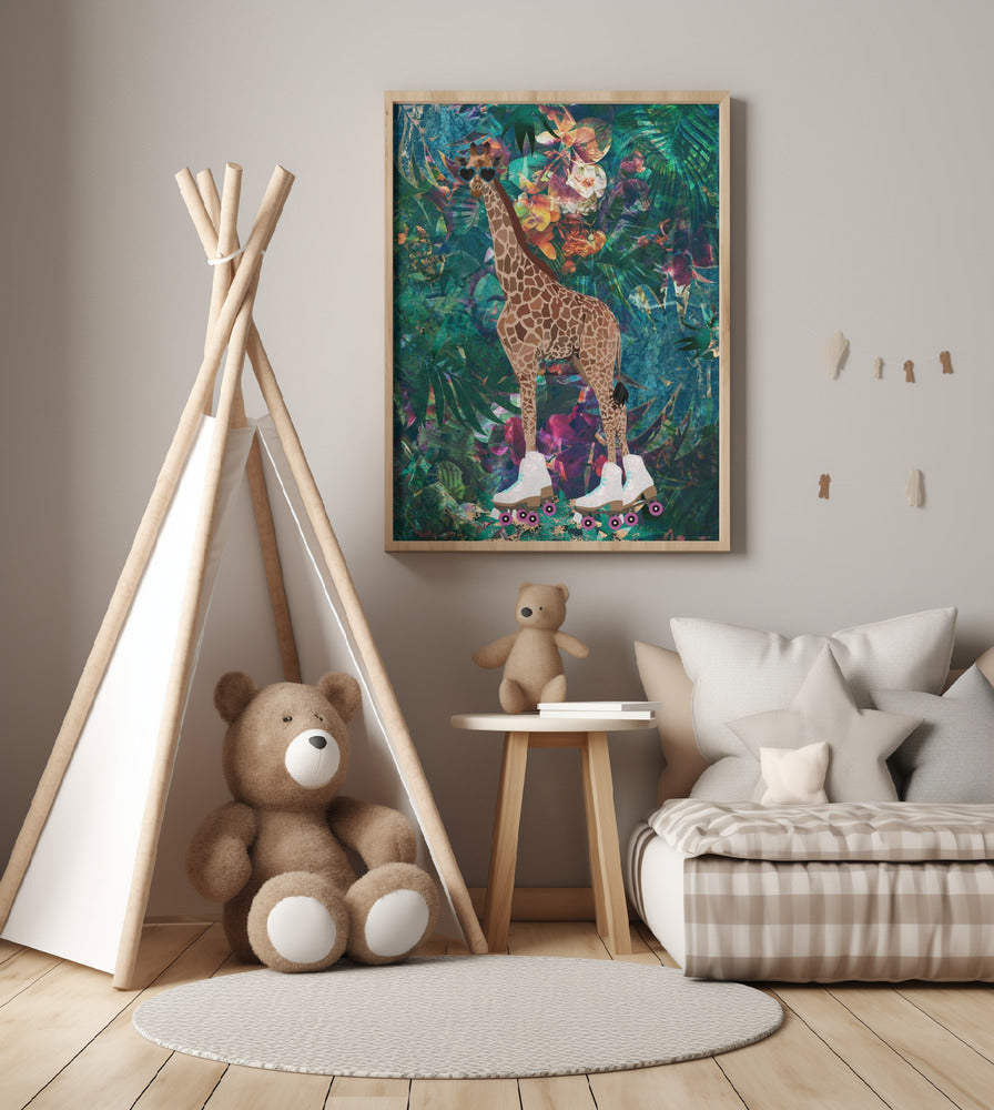 Tropical Floral Jungle - Giraffe rollerskating - Art Print by Sarah Manovski