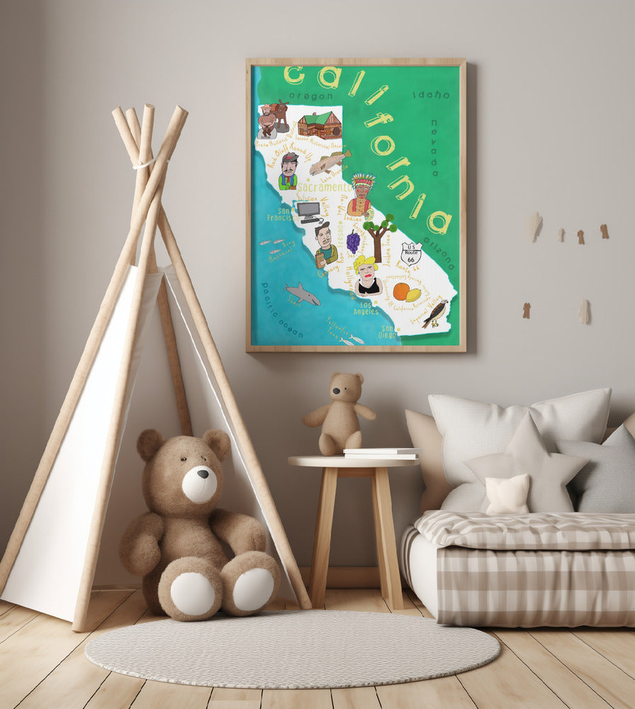 Illustrated Map of California with Ocean by Carla Daly - Art Print by Carla Daly