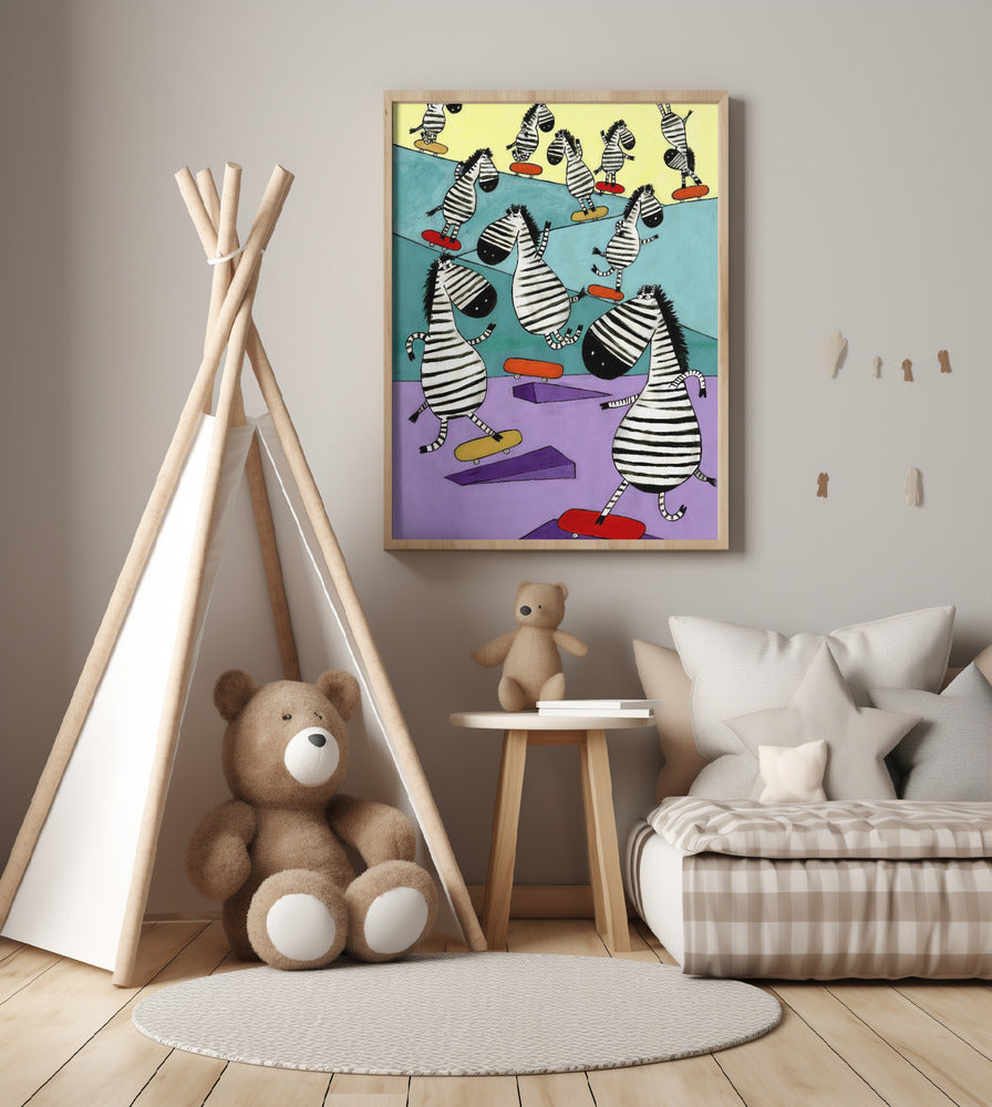 Hilarious Zebras in the Skatepark by Artist Carla Daly - Art Print by Carla Daly