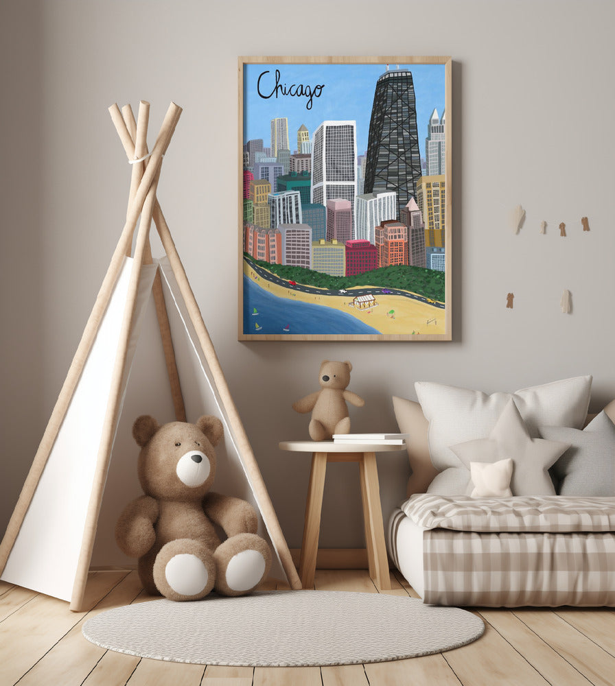 Chicago City with Beachfront on Lake Michigan by Artist Carla Daly - Art Print by Carla Daly