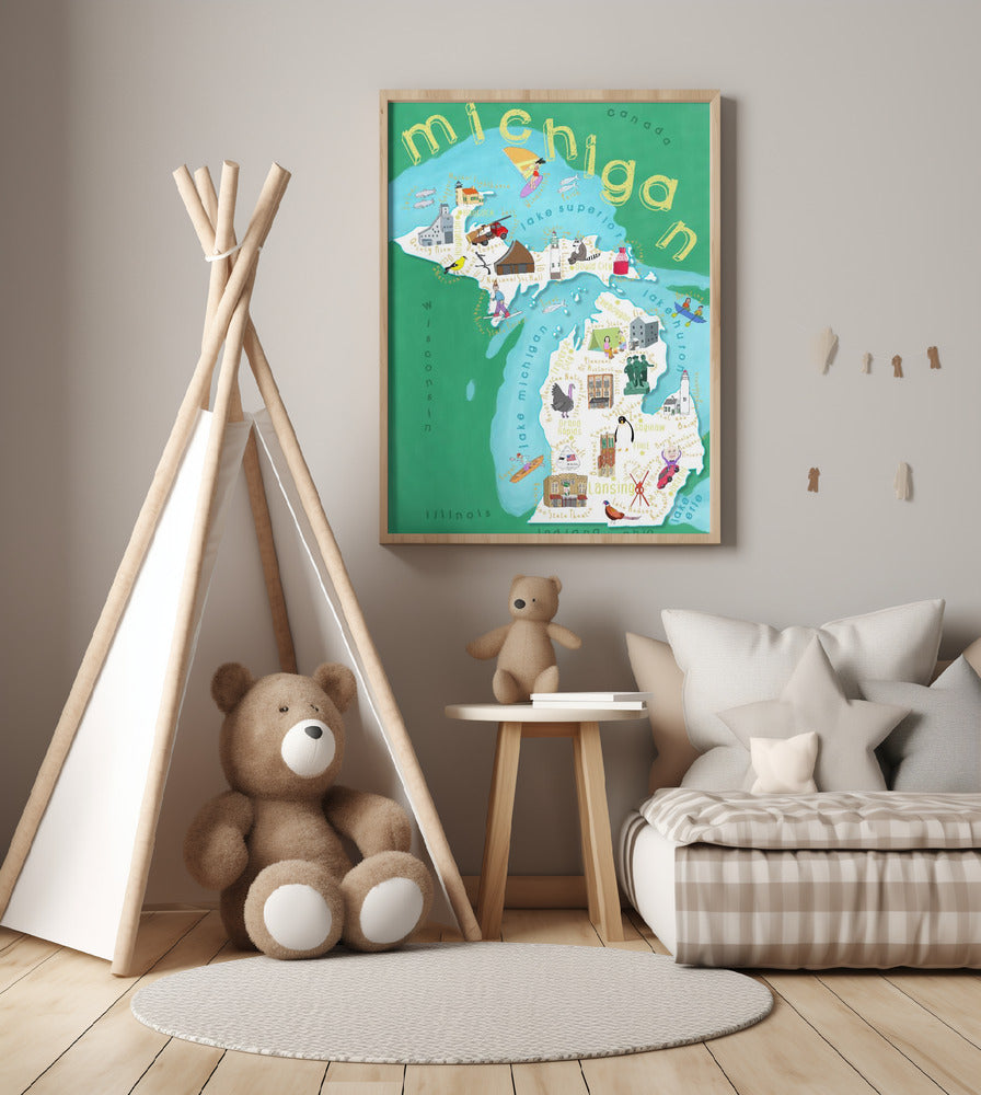 Illustrated Map of Michigan, USA by Artist Carla Daly - Art Print by Carla Daly