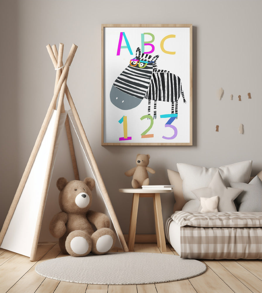 ABC and 123 Letters and Numbers with Zebra by Artist Carla Daly - Art Print by Carla Daly