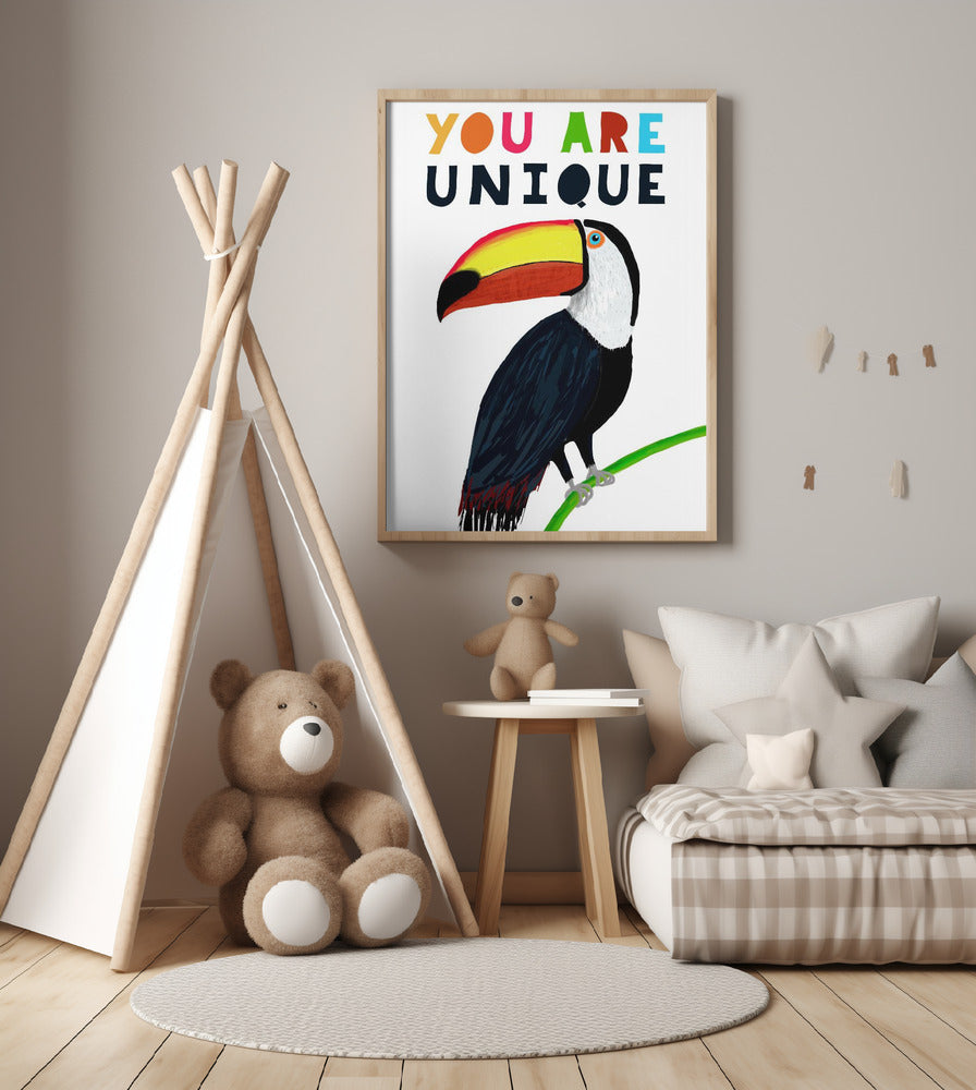 You Are Unique! Colorful Toucan with Colorful Text by Illustrator Carla Daly - Art Print by Carla Daly