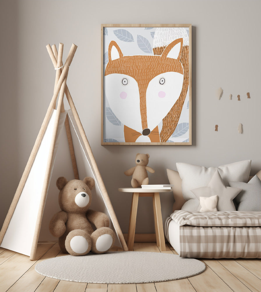 Cute Red Fox with Grey Leaf Pattern by Artist Carla Daly - Art Print by Carla Daly