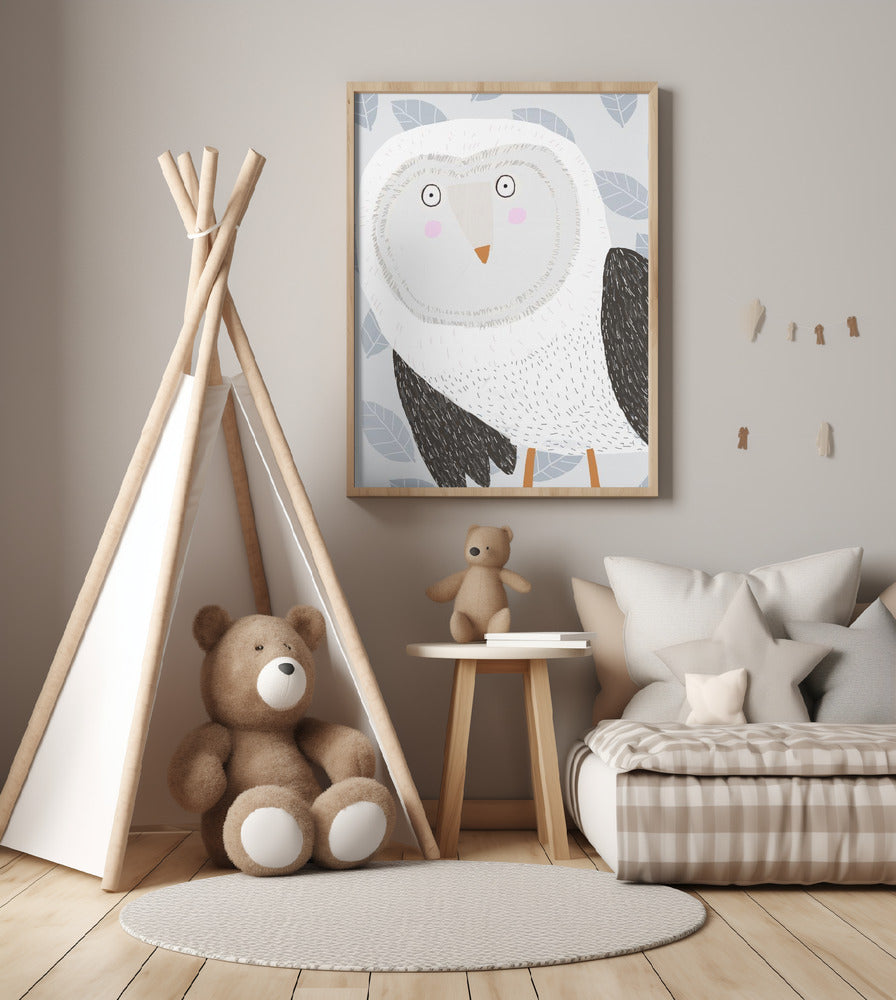 Funny Winter Owl with Grey Leaf Pattern by Artist Carla Daly - Art Print by Carla Daly