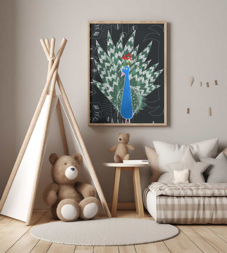 Cute Peacock with Jungle Doodle by Artist Carla Daly - Art Print by Carla Daly