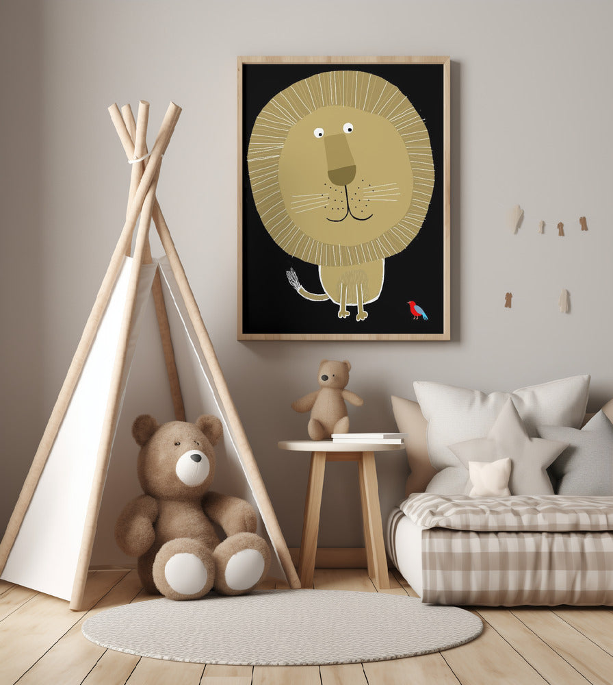 Funny Lion With Small Bird By Carla Daly - Art Print by Carla Daly