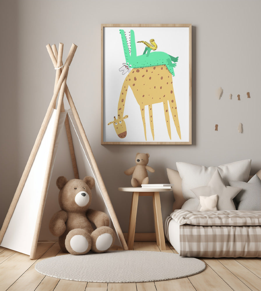 Funny Crocodile Playing the Saxophone on a Cute Giraffe - Art Print by Carla Daly