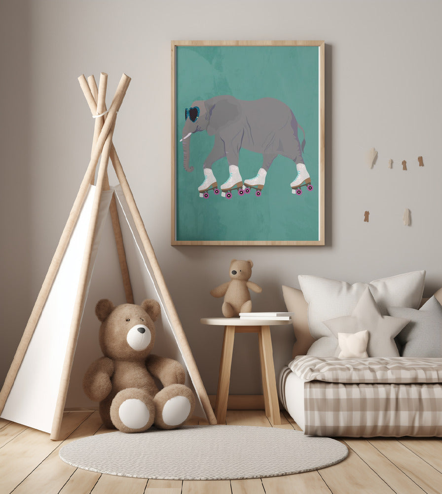 Elephant Rollerskating teal - Art Print by Sarah Manovski