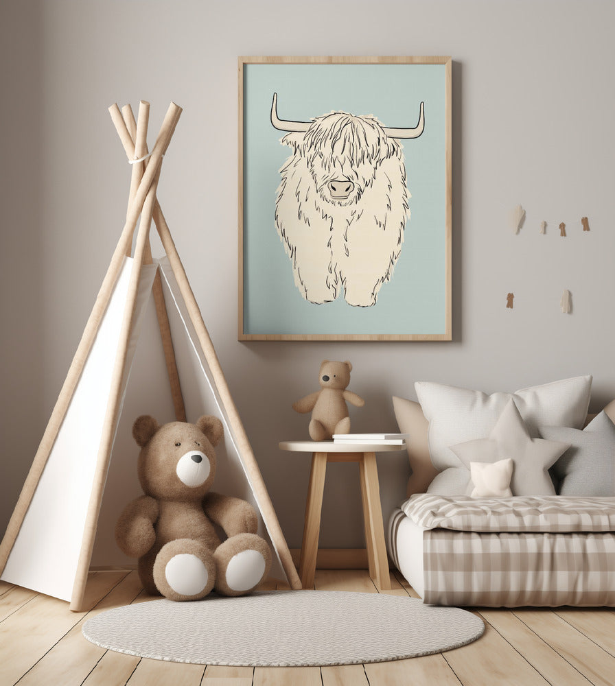 Highland cow on green - Art Print by Bainai