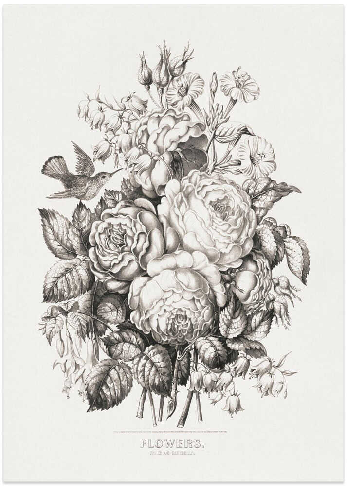 Roses and Bluebells 1870 Chromolithograph Art - Art Print by Currier & Ives