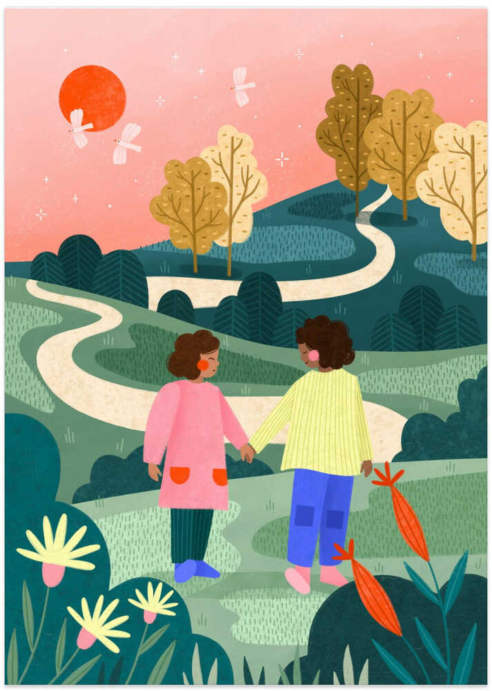 Friends Walking Winding Path - Art Print by Bea Müller