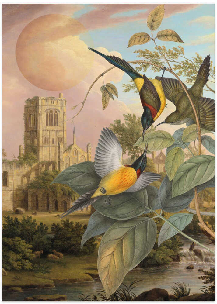 Exotic Birds Pastel Moon - Art Print by Marja van den Hurk