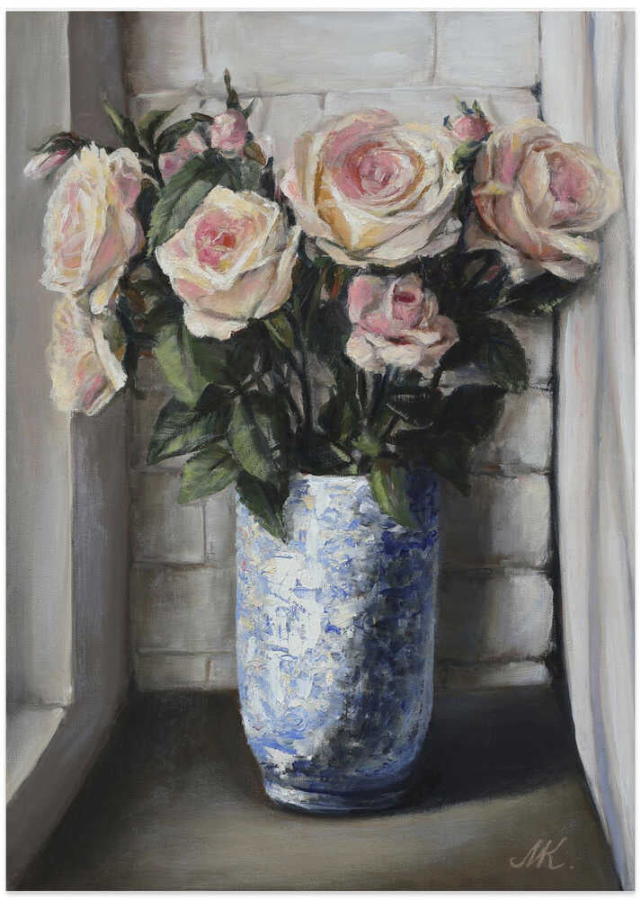 Pink Roses on Windowsill - Blue Ceramic Vase Painting - Art Print by Marina Kozyr