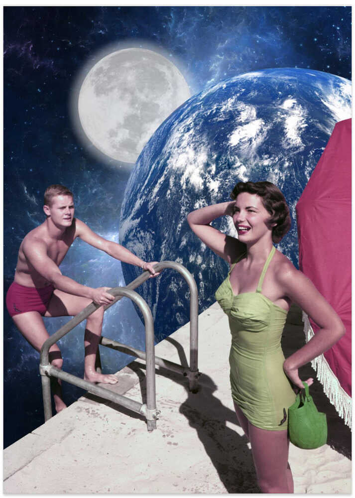 Retro Couple Cosmic Swim - Art Print by Marja van den Hurk