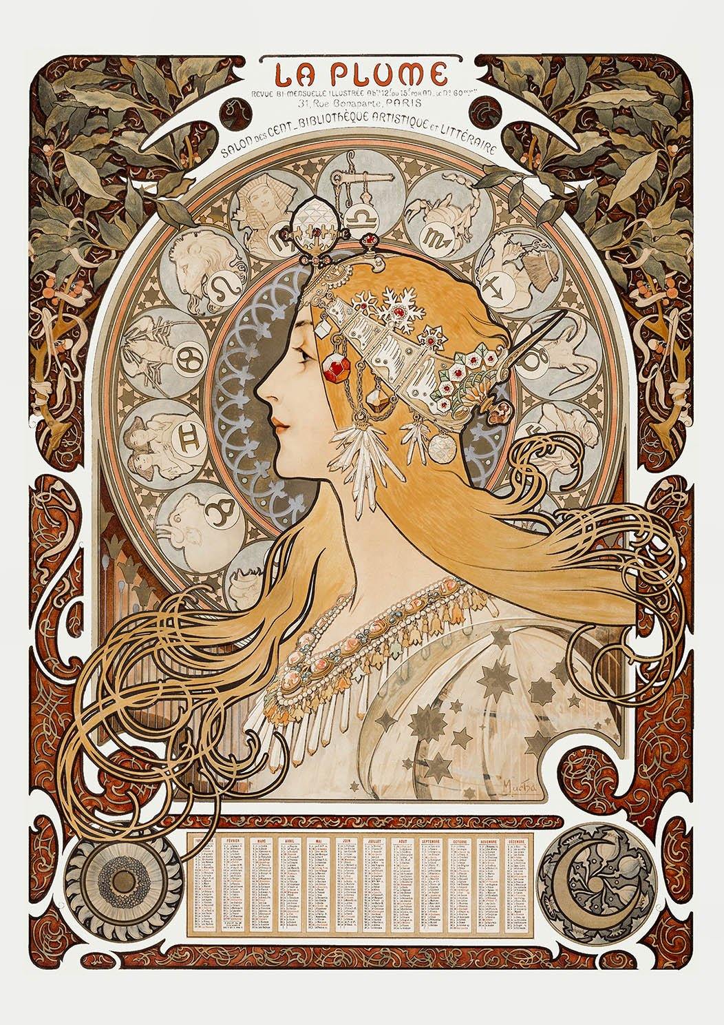 ALPHONSE MUCHA PRINT: La Plume Zodiac Art - Pimlico Prints