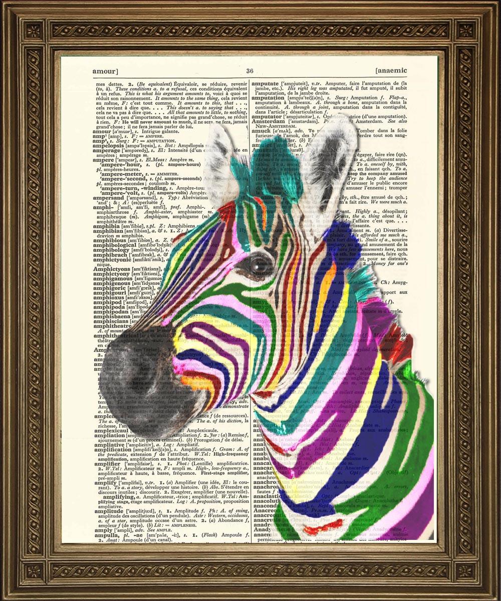 ZEBRA PRINT: Rainbow or Black and White Vintage Dictionary Art - Pimlico Prints