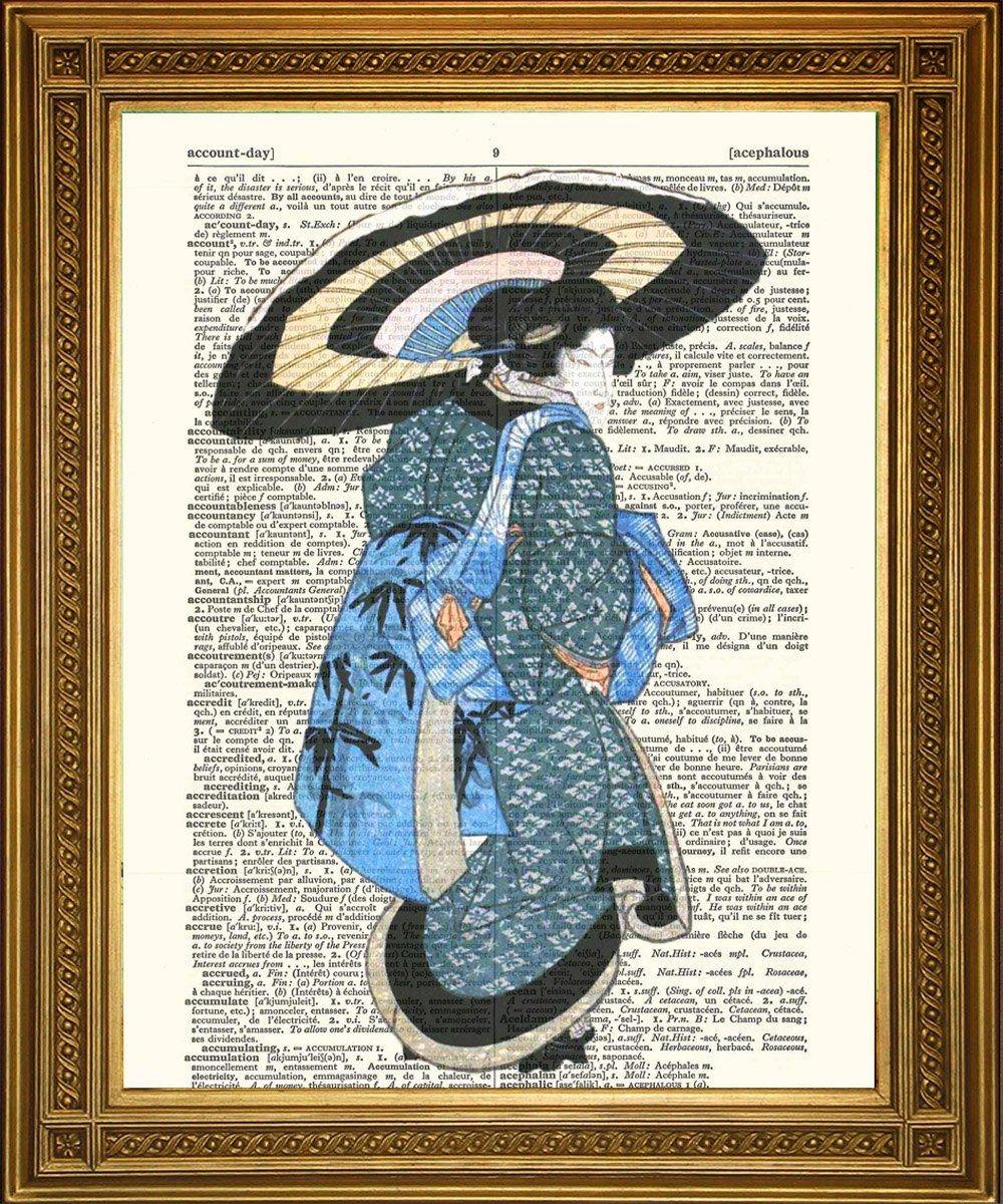 JAPANESE GEISHA GIRL ART: Printed on Vintage Dictionary Page - Pimlico Prints