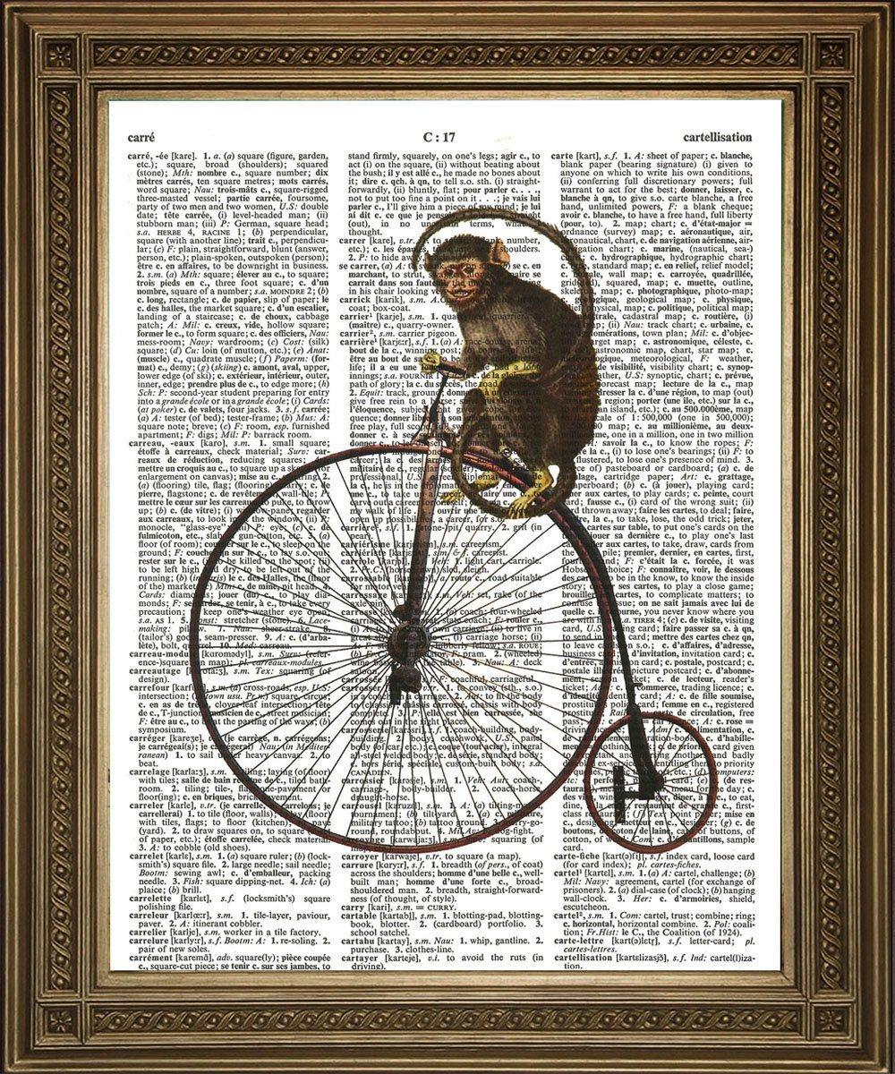PENNY FARTHING MONKEY: Vintage Dictionary Art Print - Pimlico Prints