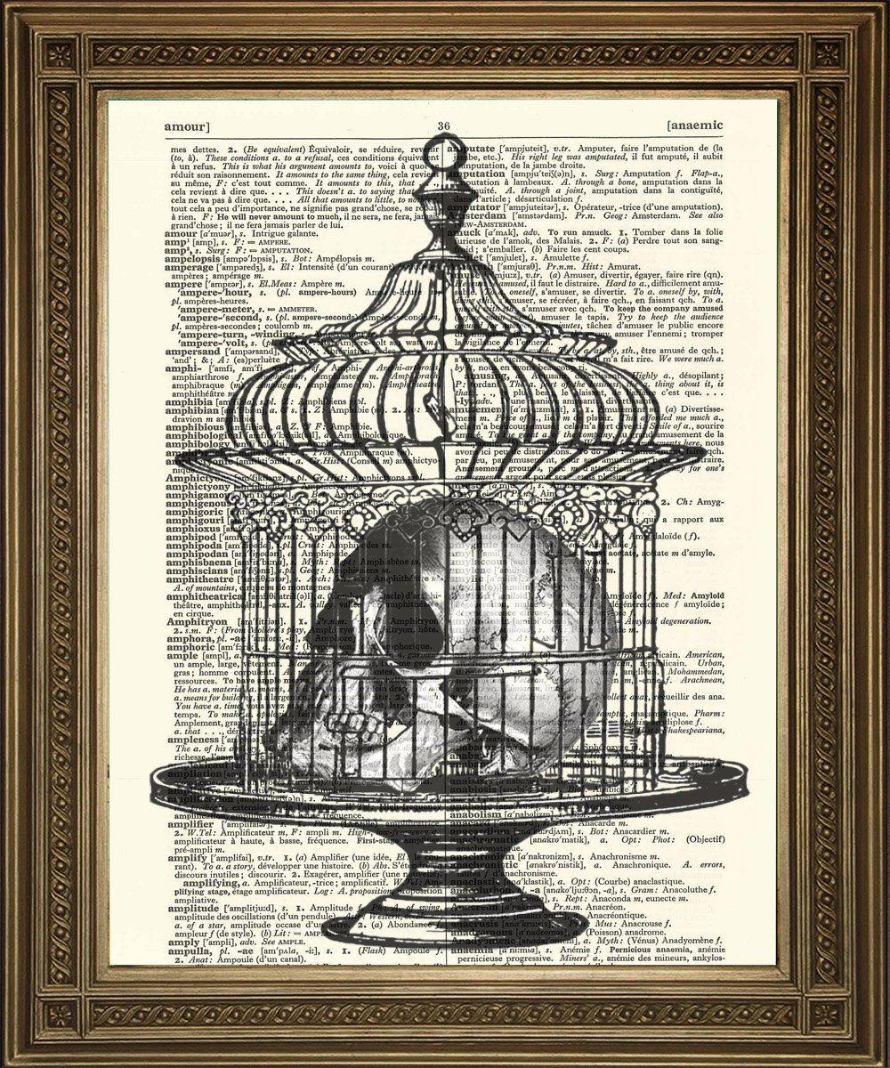 SKULL IN BIRDCAGE: Vintage Dictionary Page Death Art Print, 60% OFF