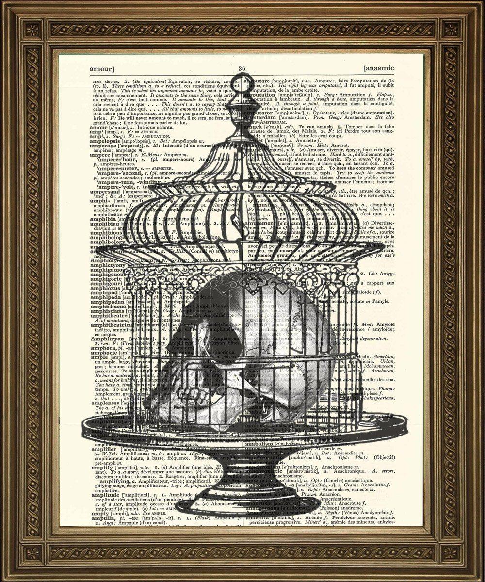 SKULL IN BIRDCAGE: Vintage Dictionary Page Death Art Print - Pimlico Prints