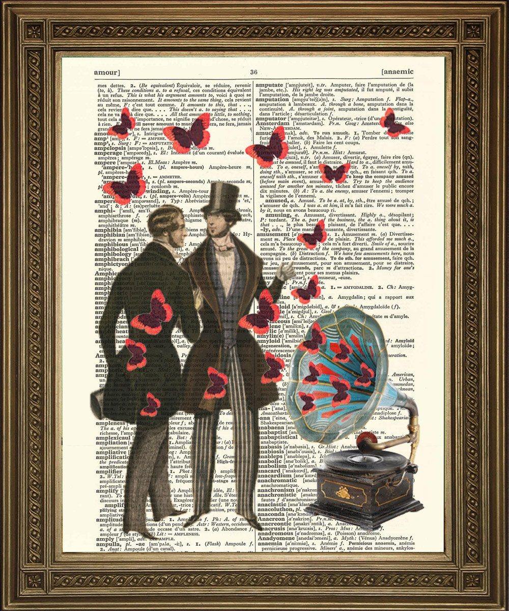 GRAMOPHONE & BUTTERFLIES With Victorian Gentlemen: Dictionary Print - Pimlico Prints