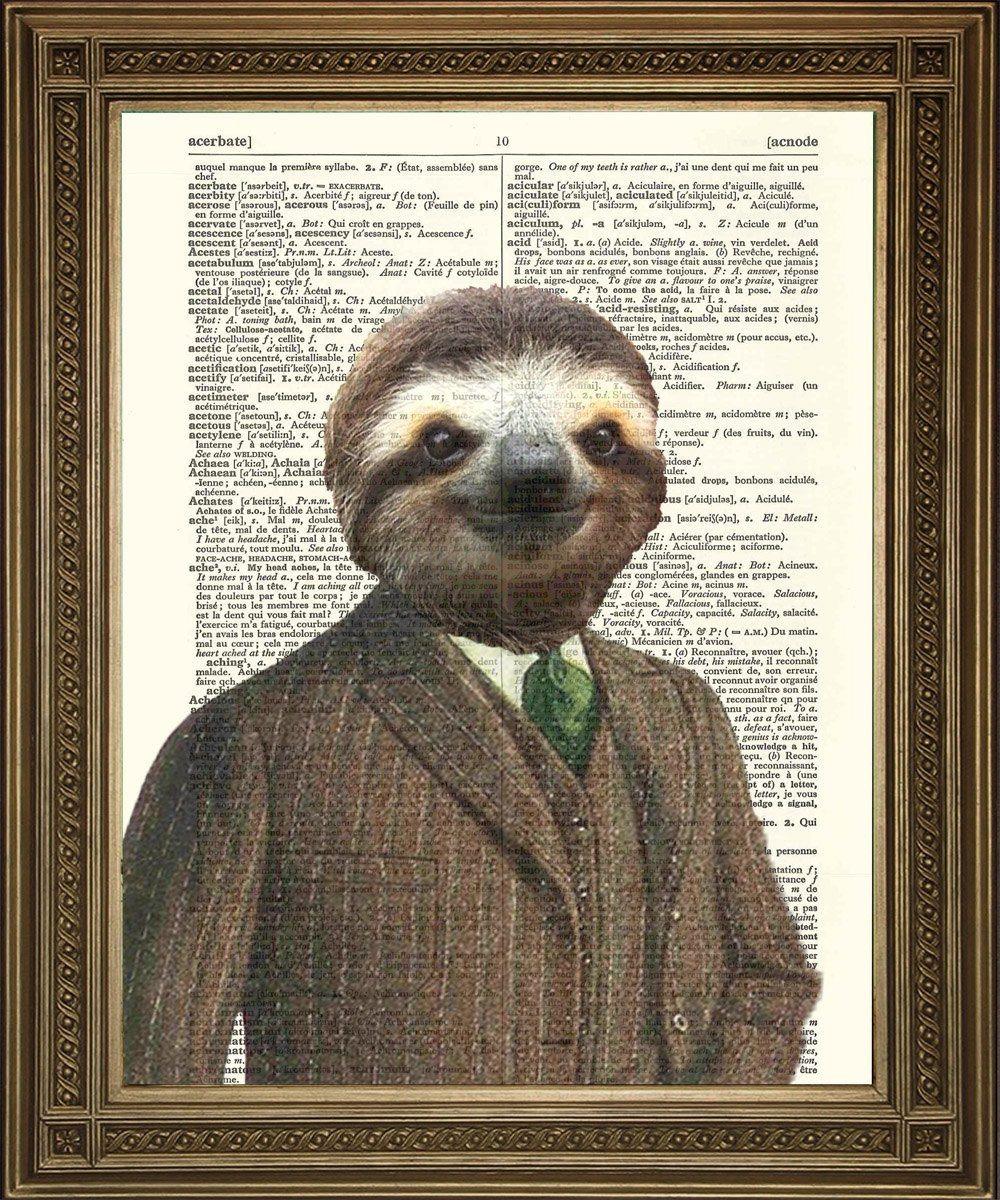 SLOTH ART PRINT: Fun Animal in Suit Dictionary Art - Pimlico Prints