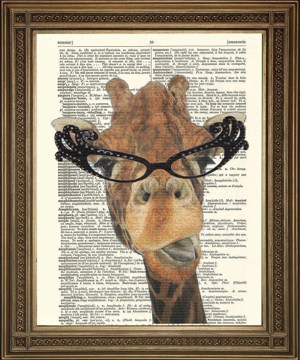 GIRAFFE WEARING GLASSES: Dictionary Page Art Print - Pimlico Prints