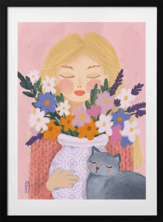 Dreamy Girl Cat Flowers - Art Print by Dirkie Nell