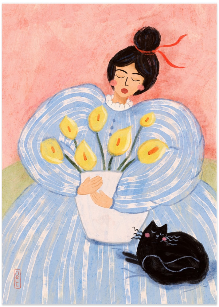 Woman With Flowers And Cat - Art Print by Dirkie Nell