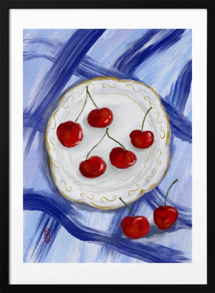 Red Cherries Blue Table - Art Print by Dirkie Nell