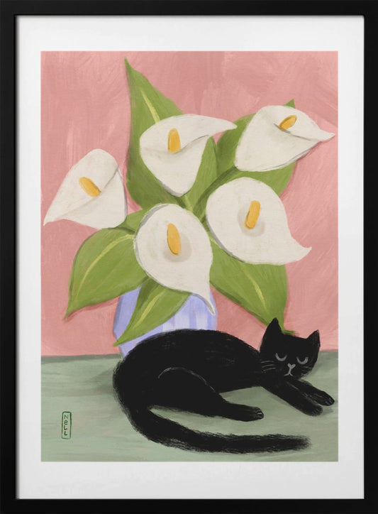 Lilies In a Vase and a Black Cat  - Still Life Illustration - Art Print by Dirkie Nell