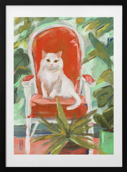 White Cat Orange Chair - Art Print by Dirkie Nell