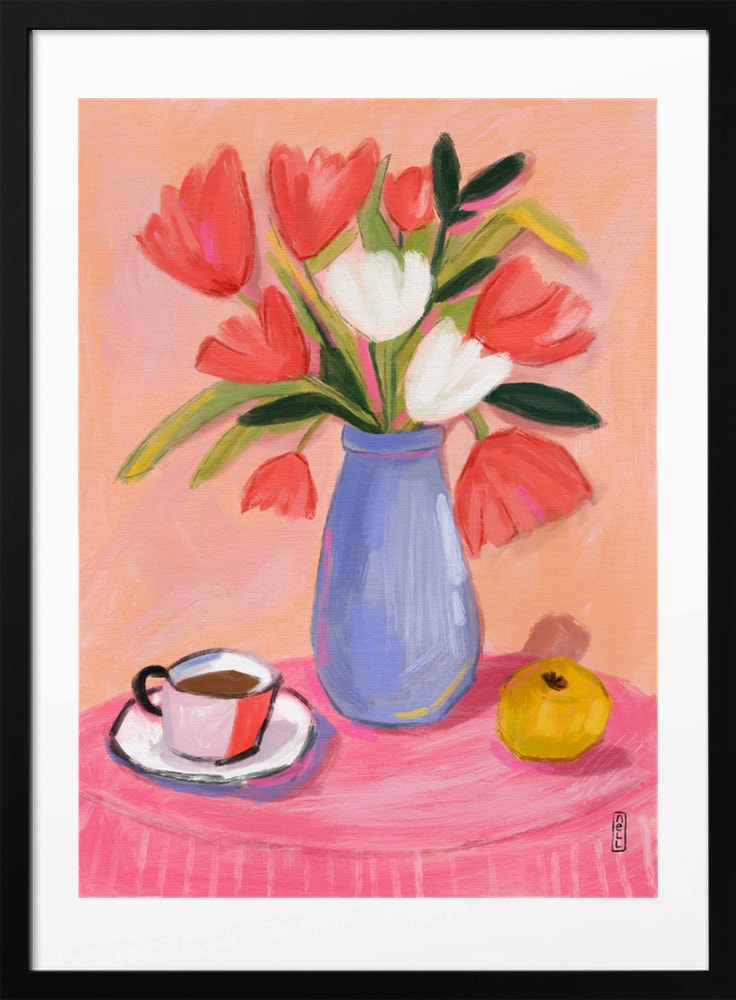 Fresh Tulips and Coffee - Art Print by Dirkie Nell