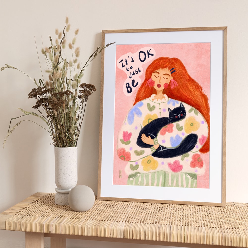 Peaceful Cat Cuddles - Art Print by Dirkie Nell