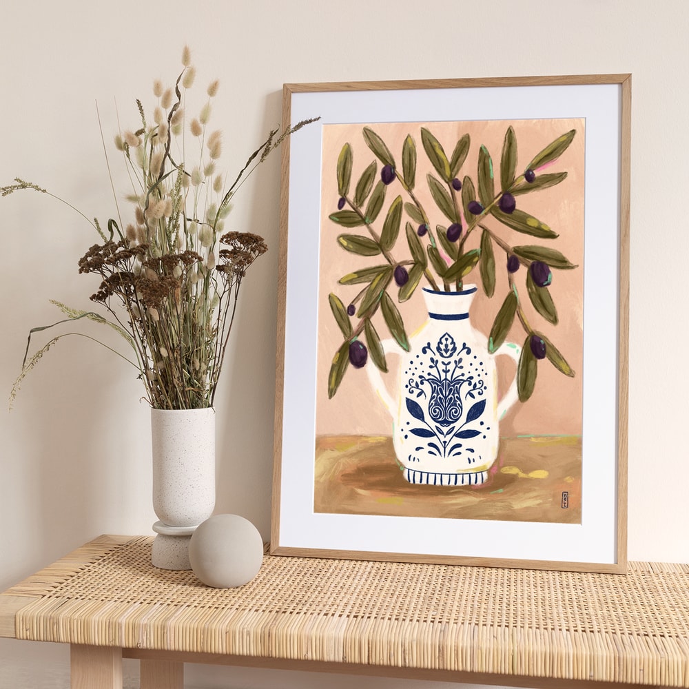 Olive Branches In a Pot Painting - Art Print by Dirkie Nell