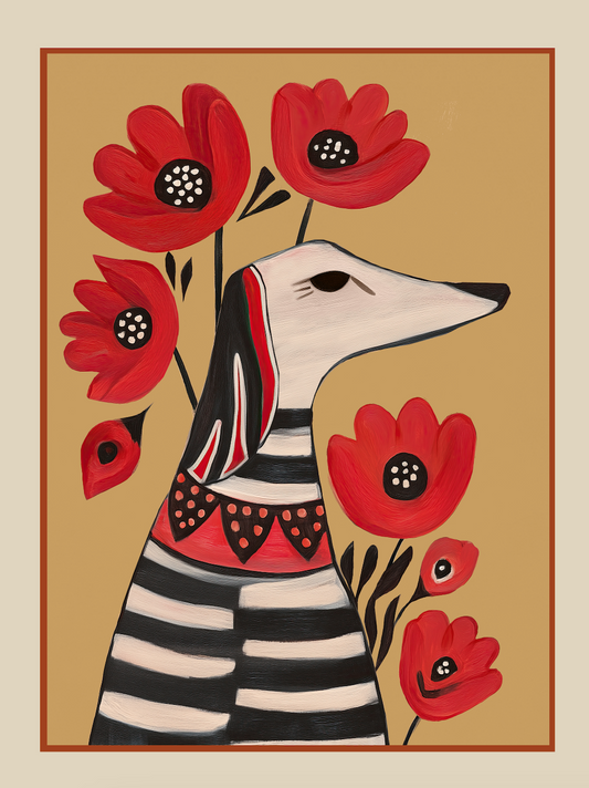 STRIPED DOG WITH POPPIES - Art Print by Branka Kodžoman