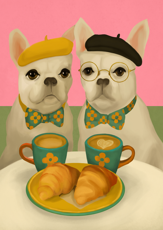 FRENCH BULLDOGS AT BREAKFAST CAFE - Art Print by Branka Kodžoman