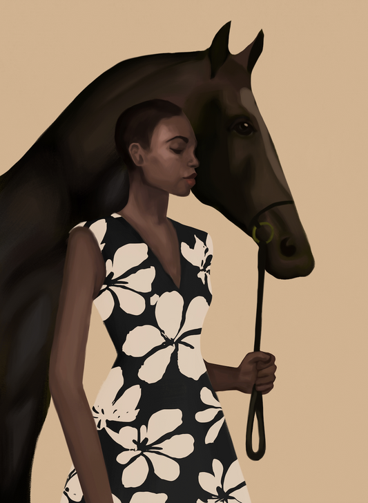 WOMAN IN BOLD PRINT WITH BLACK HORSE - Art Print by Branka Kodžoman