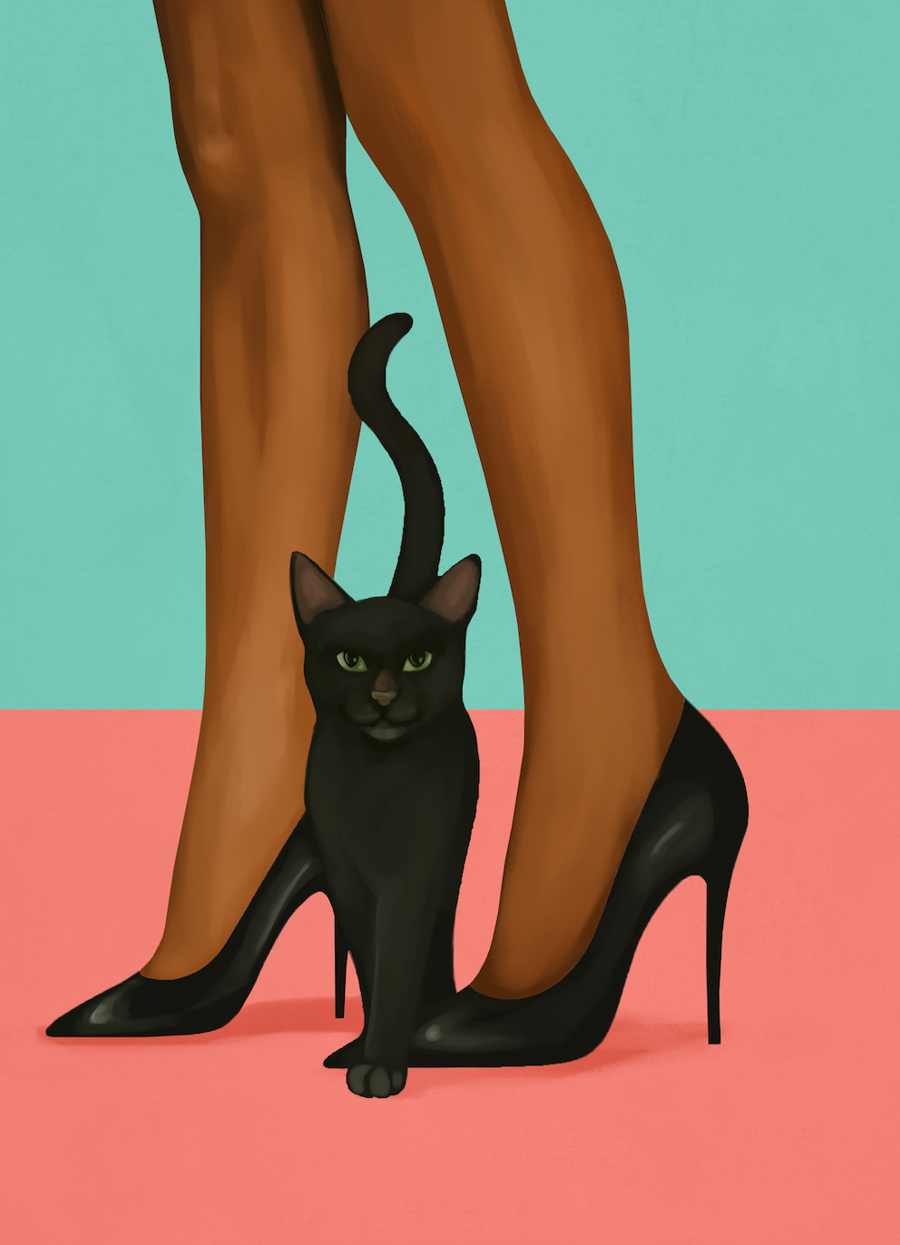 WOMAN IN HEELS WITH BLACK CAT - Art Print by Branka Kodžoman