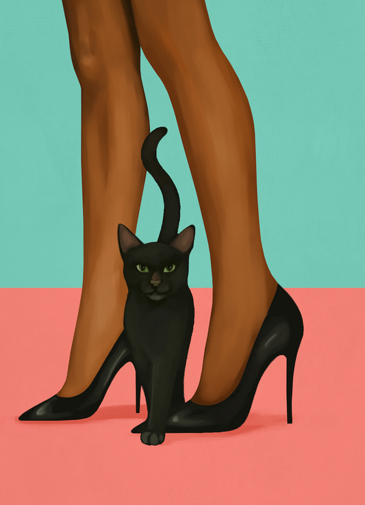 WOMAN IN HEELS WITH BLACK CAT - Art Print by Branka Kodžoman